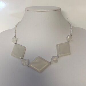 White Lucite Geometric Square Bead Necklace Retro Mod Statement Jewelry